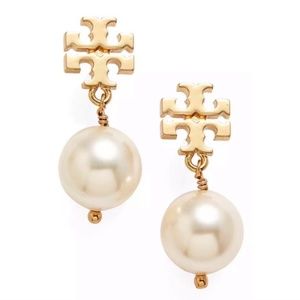 Tory Burch earrings logo gold pearl earrings